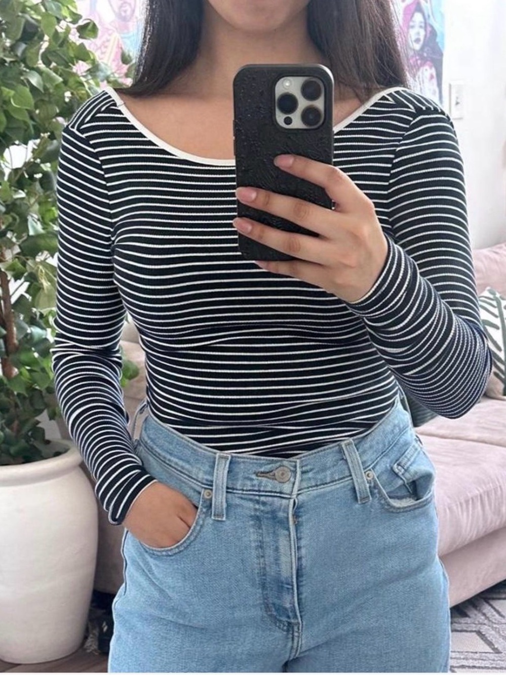 Striped Black & White Long-Sleeve Women’s Top